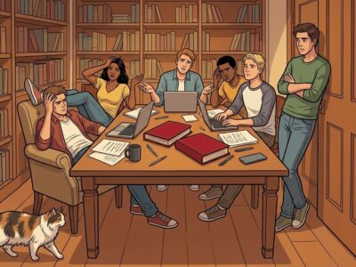 Des étudiants perplexes autour d’une table, deux ouvrages rouges posés devant eux, la chatte Nobelle au premier plan